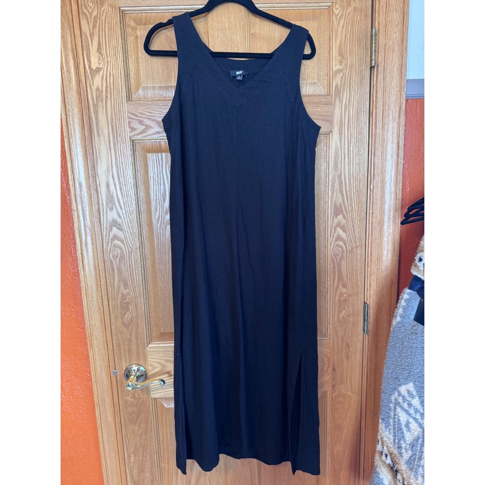 DKNY Womens Black Linen Blend V-Neck Sleeveless Maxi Dress Side Slits Size M